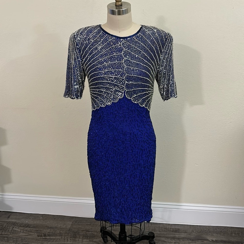 Vintage Royal Blue and Silver Sequins Cocktail Dress Large